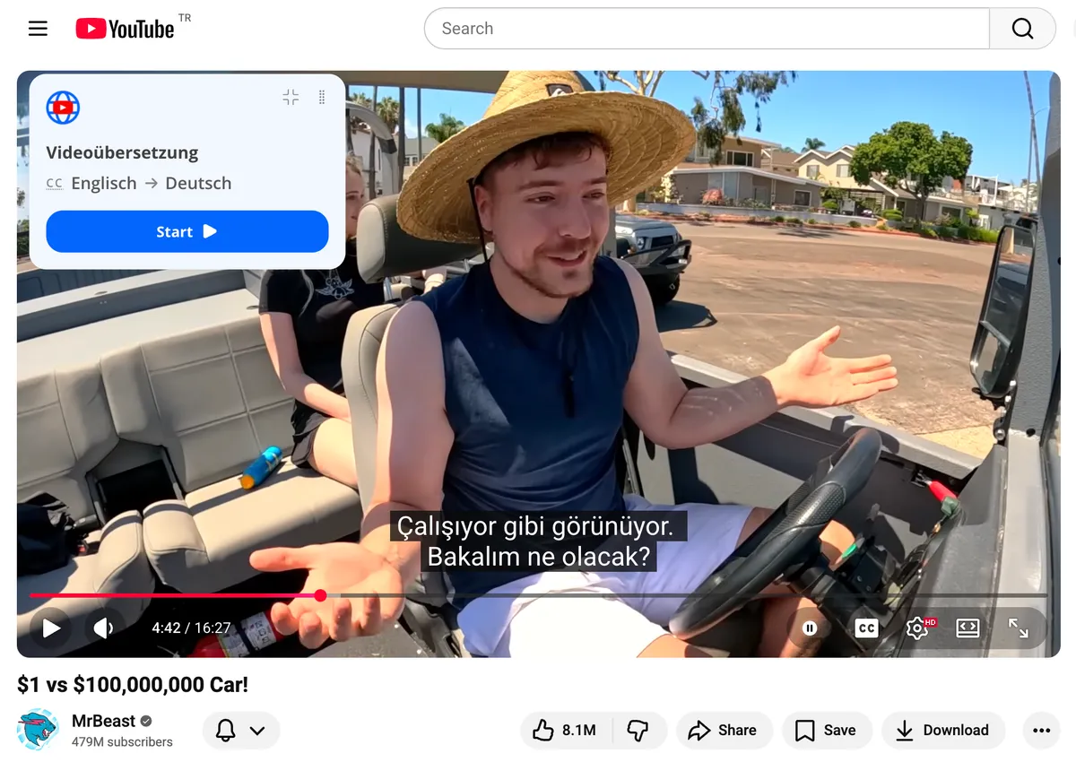 A TranslateTube bővítmény egy YouTube-videót fordít angolról németre lefordított feliratokkal